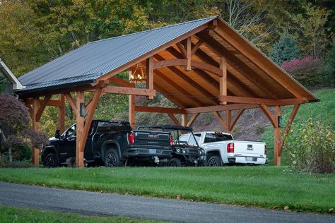 So you made a mistake and bought a 1953 Chevy 3100 series pickup truck and your wife doesn’t want it parked in the yard? Pas de problème: combine a timber framed parking structure with the entertaining pavilion she’s always wanted. Simply pull out the vehicles, move in tables and chairs, decorate appropriately, and Voilà! 3 Car Carport Ideas, Rv Covered Parking, Timber Frame Carport, Timber Carport, Timber Frame Garage, Carport Design, Building A Shed Roof, Wooden Carports, Rv Carports