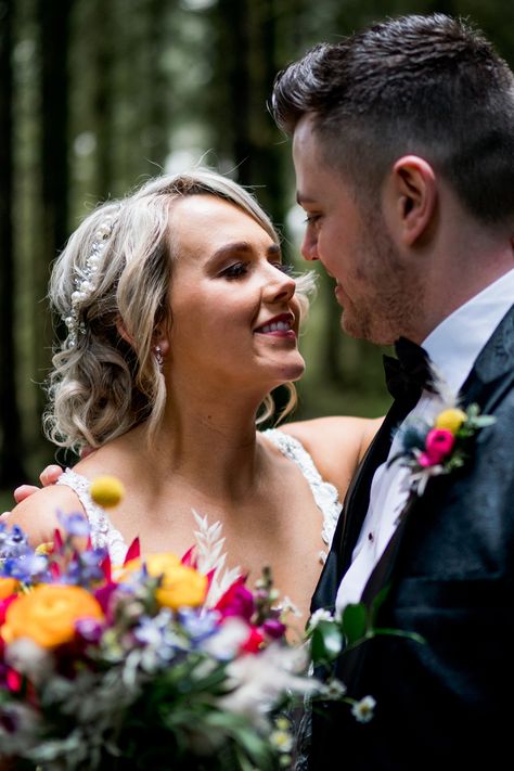 Bride and groom in Lough Eske Forest on wedding in Harvey's Point, Wedding Dress, Colourful bouquet, groom in tux, Donegal Wedding Photographer Donegal Wedding, Venue Wedding, Best Wedding Venues, On The Edge, Studio Photography, Wedding Venue, Wedding Ceremony, Wedding Reception, Wedding Venues