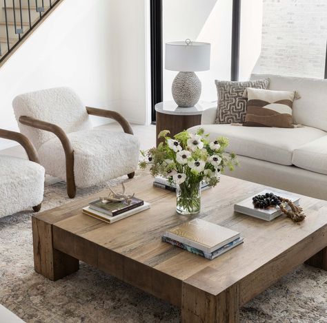 Made from thick-cut oak veneer with a faux rustic finish made to emulate wormwood, this low, large-scale coffee table features chunky squared legs and dovetail joinery detailing. #coffeetableideas Coffee Tables And Sectionals, Dark Grey Couch Light Wood Coffee Table, Low Height Center Table, Contemporary Modern Coffee Table Wood, Big Wooden Coffee Table, Low Large Coffee Table, Large Square Coffee Tables, Wood Rustic Coffee Table, Coffee Table Natural Wood