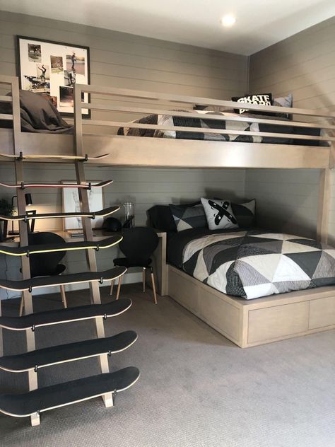 Small Room Design For 2 People, Teen Bunk Bed Ideas, Bedroom Ideas With Bunkbeds, Shed Bedroom Ideas, Adult Bunk Bed, Boys Bedroom Bunk Beds, Boys Room Bunk Beds, Pre Teen Boys Room, Teen Bunk Beds