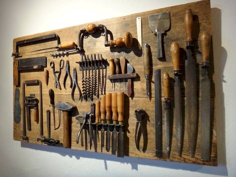 Antique Tool Display, Jewelry Studio Organization, Tool Artwork, Tool Wall Storage, Tool Display, Antique Hand Tools, Antique Booth Displays, Tool Wall, Tool Storage Cabinets