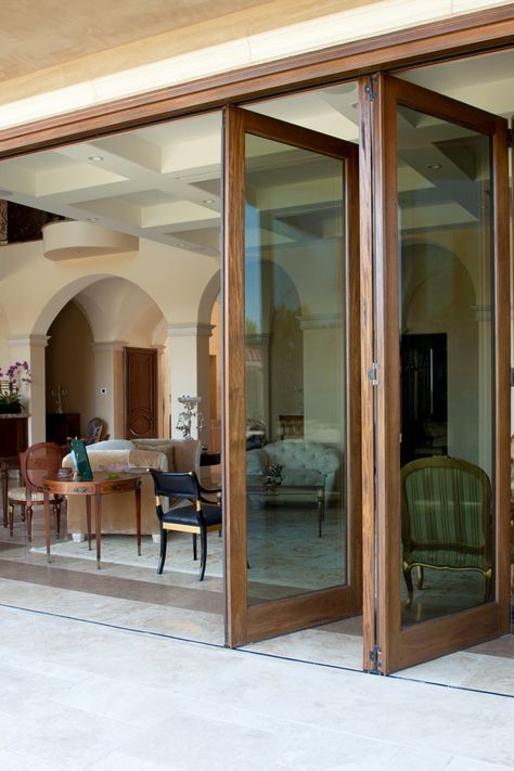 36+ Bi-Fold Doors Ideas For External And Internal Usage Wooden Frame Sliding Glass Door, Modern Glass Sliding Door Exterior, Wooden Sliding Doors Exterior, Modern Bifold Doors, Wood Bifold Doors, Bifold Glass Doors, Folding Doors Ideas, Wooden Folding Doors, Grey Window Frames