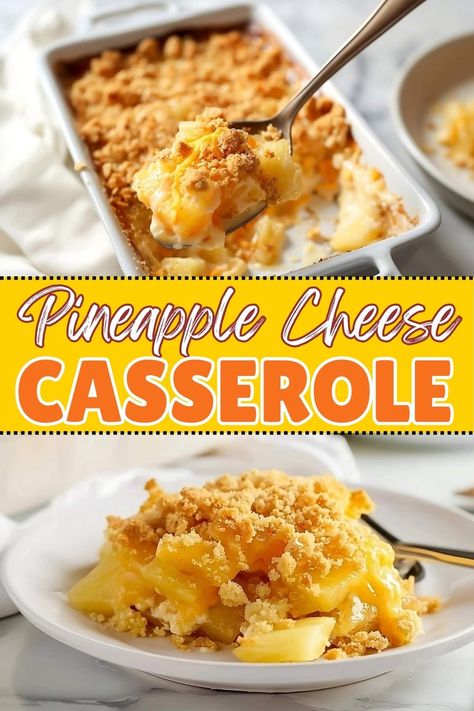 This Southern pineapple cheese casserole combines sweet pineapple with cheddar cheese and Ritz crackers. It's warm, gooey, and perfect for potlucks. Pineapple Cheese Casserole, Unique Casseroles, Pineapple Cheese, Pineapple Casserole, Cracker Toppings, Cheese Enchiladas, Christmas Recipes Appetizers, Cheese Casserole, Canned Pineapple