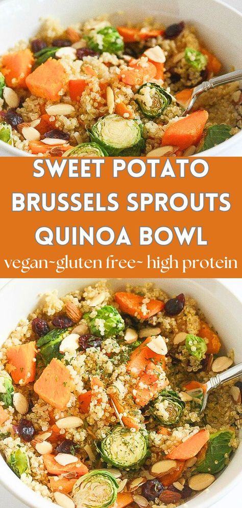 This Sweet Potato Brussels Sprouts Quinoa Bowl is a plant-based, gluten free, protein packed bowl of healthy comfort food, all ready in 30 minutes! #glutenfree #vegan #highprotein Quinoa Brussel Sprouts Sweet Potato, Quinoa Recipes Sweet Potato, Quinoa Brussel Sprout Bowl, Quinoa And Brussel Sprouts Recipes, Easy Veggie Bowls, Vegan Sweet Potato Bowl, Sweet Potato Brussel Sprout Bowl, Roasted Vegetable Quinoa Bowl, Broccoli Sweet Potato Recipes