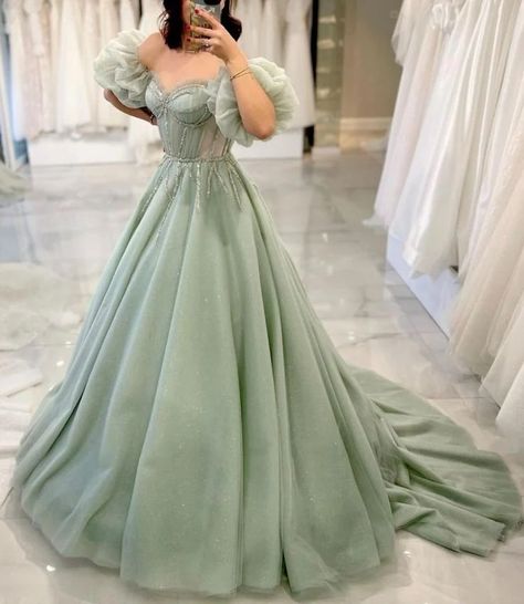 Green Puffy Prom Dress, Prom Dress Puffy Sleeves, Sage Green Ball Gown, Green Tulle Prom Dress, Prom Dresses Puffy, Ball Gown With Corset, Prom Dress Puffy, Shifting Hogwarts, Poofy Prom Dresses