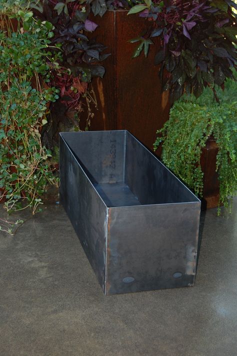 Diy Steel Planter Boxes, Steel Planter Boxes Landscaping, Wood Fired Hot Tub Diy, Corten Steel Planters Landscape Design, Ferrocement Garden Beds, Black Trough Planter, Diy Planters Outdoor, Galvanized Planters, Main Entrance Door