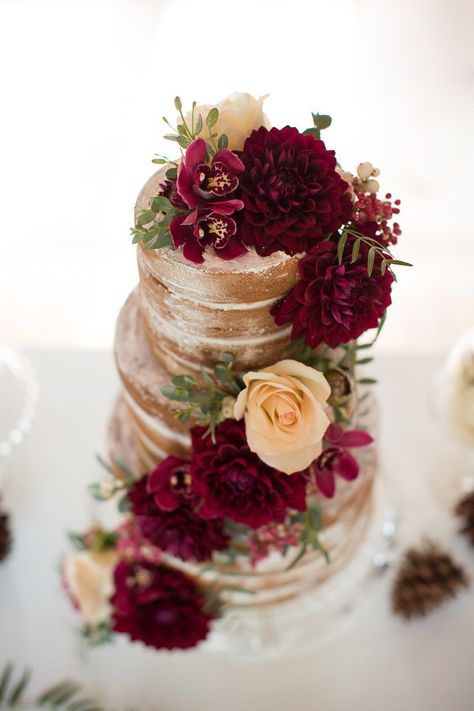 Naked Cake with Burgundy and Ivory Dahlias | Ashley Cook Photography | Jewel Toned Autumn Woodland Wedding Shoot Burgundy Wedding Cake, Marsala Wedding, The Wedding Cake, Maroon Wedding, Wedding Cakes With Flowers, Wedding Cake Inspiration, Woodland Wedding, Burgundy Wedding