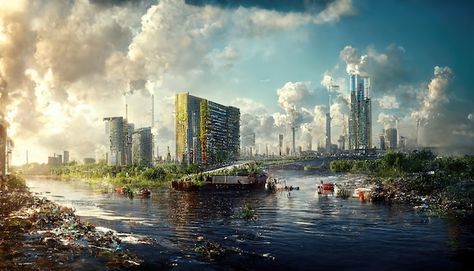 Polluted City, Flooded City, Abandoned City, Pizza Art, Urban City, City Landscape, Pollution, Environment Concept Art, Vector Photo