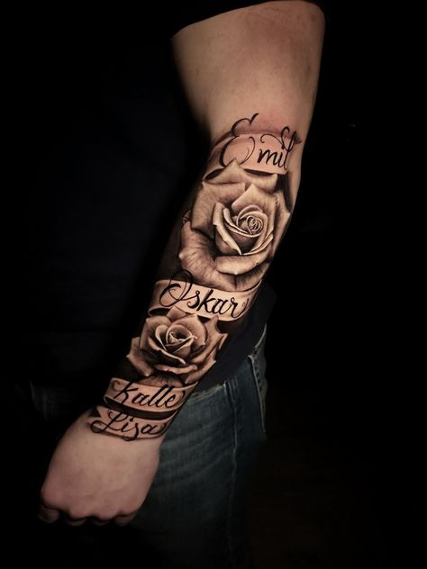 Forearm Tattoos With Names, Rose With Names Tattoo, Parent Name Tattoo Ideas, Mom Children Tattoo, 4 Name Tattoo Ideas, Tattoo Name Ideas For Men, Daughter Name Tattoo For Men, Child Name Tattoo Ideas For Men, Wife Name Tattoo For Men