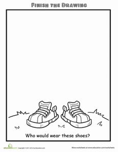 Who Would Wear These Shoes? (*I will have my kids draw- "Who would NOT wear these shoes?" just for fun!) Finish The Drawing, Drawing Pages, Art Sub Plans, Art Handouts, Art Worksheets, Drawing Prompt, Homeschool Art, Classroom Fun, Summer School