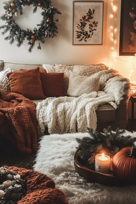 A cozy living room with warm fall and winter decor. The room features chunky knit blankets, fluffy throws, and soft lighting from candles. A pumpkin sits on a rustic table decorated with winter greenery, transitioning the space from fall to winter. Fairy lights twinkle in the background, enhancing the warm and inviting atmosphere. Fall To Winter Aesthetic, Warm Cozy Home Aesthetic, Cozy Warm Home Aesthetic, Cozy Winter Home Decor, Fall House Decor Indoor, Cozy Blanket Aesthetic, Winter Cozy Aesthetic, Hygge Decor Inspiration, Winter Home Decor Cozy