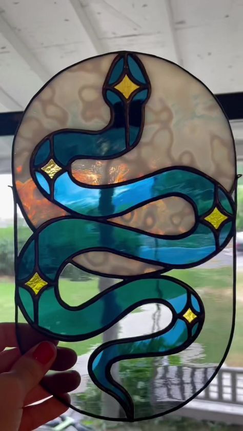 Snakey snake is all done! I love her 🥰 #stainedglass #smallbusiness #handmade #fyp #artistsoftiktok Goth House Decor, Goth Houses, Diy Stained Glass Window, Stained Glass Mirror, Creative Names, Stained Glass Diy, Stained Glass Crafts, Stained Glass Designs, Stained Glass Projects