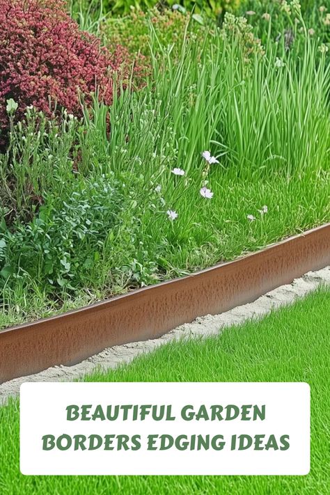 Garden with vibrant plants and neat metal edging showcases landscaping inspiration. Tall Flower Bed Edging, Flower Garden Edging Ideas Diy, Stacked Stone Borders Edging, Metal Edge Landscape, Gravel Garden Edging, Metal Landscaping Edging, Cheap Edging Ideas Diy, Landscape Edging Ideas Cheap, Cheap Flower Bed Edging Ideas