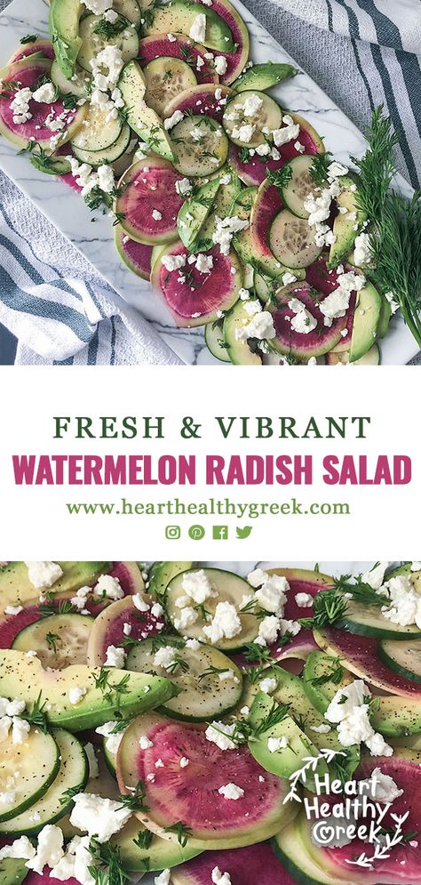 Watermelon Radish Salad Watermelon Radishes Recipe, Watermelon Radish Recipe, Watermelon Radish Salad, Radish Salad Recipe, Healthy Greek Recipes, Side Salads, Watermelon Radish, Radish Recipes, Radish Salad