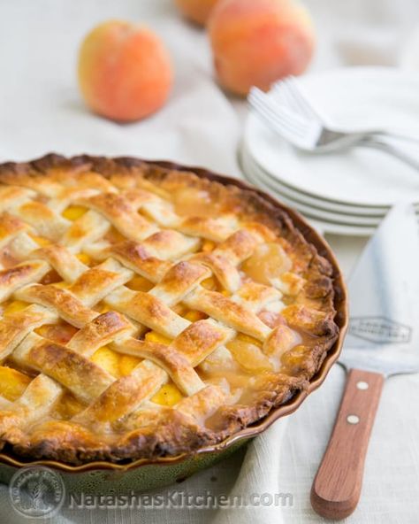 Perfect Peach Pie Recipe - NatashasKitchen.com Recipe With Orange Juice, Perfect Peach Pie, Perfect Flaky Pie Crust, Natashas Kitchen, Peach Pie Recipe, Lattice Pie Crust, Peach Pie Recipes, Peach Pie Filling, Peach Desserts