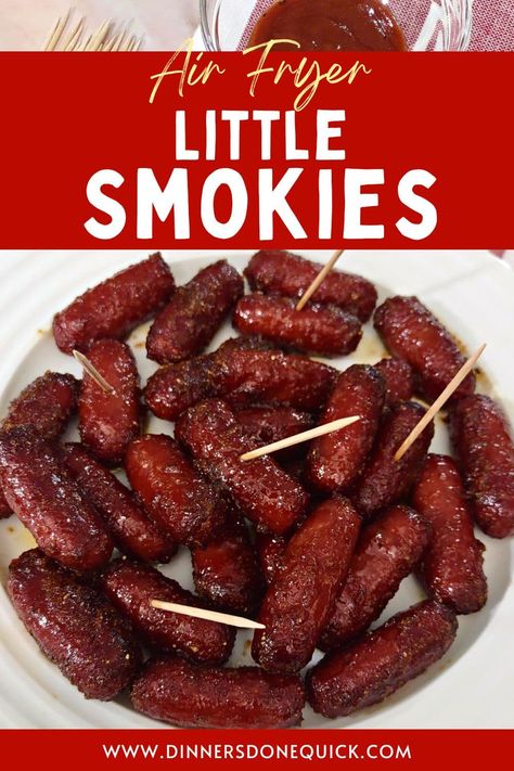 Looking for a mouthwatering snack for game day? These air fryer little smokies are a must-try! They're juicy, flavorful, and perfect for cheering on your favorite team! #DinnersDoneQuick #LittleSmokies #LittleSmokiesRecipes #LilSmokies #LitlSmokies #HowtoMakeLittleSmokies #LittleSmokiesAppetizers #BrownSugarLittleSmokies #LilSmokiesRecipes #WhattoServewithLittleSmokies #HowDoYouMakeLittleSmokies #LittleSmokiesAirFryer #GameDaySnacks #AirFryerRecipes #SnackIdeas #EasyRecipes Lil Smokies Recipes Air Fryer, Mini Hot Dog Recipes Lil Smokies, Lil Smokies Air Fryer, Air Fryer Smokies, Mini Franks Recipe, Cheddar Lil Smokies Recipes, Recipes With Smokies, Air Fryer Lil Smokies, Air Fryer Little Smokies