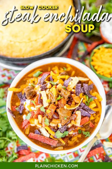 Slow Cooker Steak Enchilada Soup - seriously delicious! Chuck roast, corn, black beans, pinto beans, taco seasoning, Rotel tomatoes, ranch seasoning, beef broth, and enchilada sauce. Brown the meat and dump everything in the crockpot. SO easy! Top the soup with some tortilla chips, cheese, and sour cream. Can freeze leftovers for a quick meal later. #slowcooker #crockpot #soup #tacosoup #beef Roast Corn, Steak Enchiladas, Crockpot Favorites, Freeze Leftovers, Enchilada Soup Recipe, Steak Soup, Slow Cooker Enchiladas, Slow Cooker Steak, Mississippi Pot