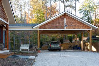 Carport with breezeway to house. Cedar shake shingles in gable. Carport With Covered Walkway, Add On Carport To House, Detached Carport With Breezeway, Carport With Breezeway, Open Garage Carport Ideas, Craftsman Carport, Open Carport Attached To House, Detached Carport Ideas, Carport Ideas Attached To House