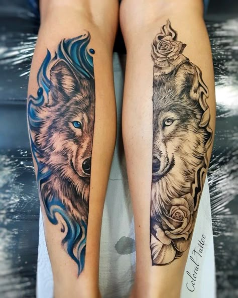 Couples Animal Tattoos, Couple Wolf Tattoo, Wolf Couple Tattoo, Wolf Matching Tattoos, Couples Wolf Tattoos, Tattoos For Women Traditional, Wolf Tattoo For Women, Traditional Wolf Tattoo, Lone Wolf Tattoo