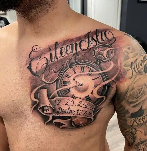 Meaningful Name Tattoo Ideas for Men: Honoring Mothers, Sons, Spouses, and Family Men’s Word Chest Tattoo, Family Chest Tattoos For Men, Men Tattoo Ideas Chest, Chest Tattoo Text, Men Chest Tattoo Ideas, Half Chest Tattoo Men Ideas, Jesse Tattoo, Men Chest Tattoo, Chest Piece Tattoos Mens