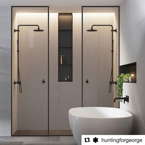 Stop. We just need a moment to fully appreciate the striking black details in this spacious shower heaven... Rationing shower space? Yeah it's up there with sharing your duvet with a blanket-hog. Double shower is one luxury we can wholeheartedly get behind. Killer design by the talented team at @ewert_leaf talk about #bathroomgoals... #interiordesign #tubtime #bathroombliss #doubleshower #bathroomenvy Shower Makeover, Modern Shower Room, Double Shower, Bad Inspiration, Decor Baie, Bathroom Goals, Trendy Bathroom, Modern Shower, Minimalist Bathroom