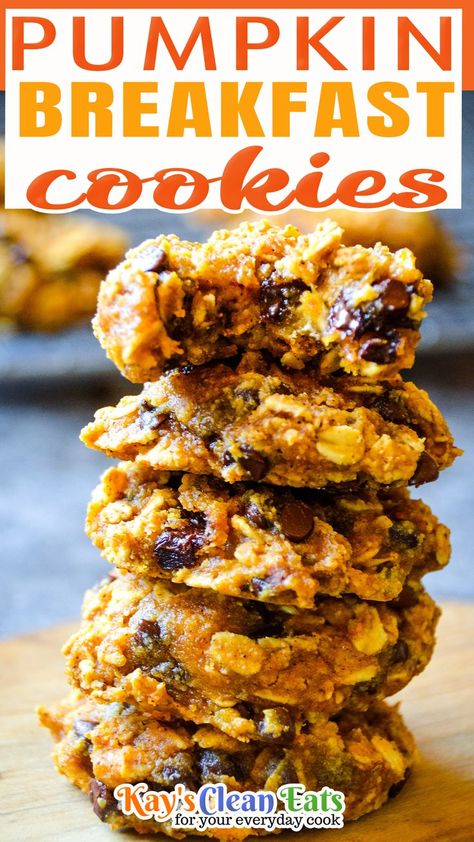 Rise and Shine with these healthy and delicious Pumpkin Breakfast Cookies. Made with the wholesome ingredients you need to jump-start your day! A perfect grab and go breakfast that is gluten-free, dairy-free, and refined sugar-free. Cookies for breakfast how can anyone turn that down! I think my kids may have been the most excites, ha! So you may be wondering why fall flavors in January… well obviously cause pumpkin can never really go out of season! | @kayscleaneats Chocolate Chip Breakfast Cookies, Chocolate Chip Breakfast, Breakfast Cookies Gluten Free, Pumpkin Breakfast Cookies, Pumpkin Breakfast, Cookies Gluten Free, Pumpkin Chocolate Chip, Cookies Easy, Fall Breakfast