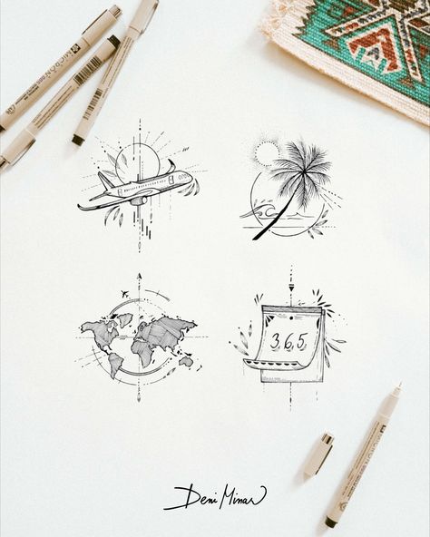 Travel tattoo set - Palm tree tattoo, world map tattoo with wave are delicate line drawings by a Slovak artist Deni Minar. These elegant artworks were created for all travel lovers and explorers. It is available on my ETSY store. This post is about - Tattoo ideas, Tattoo art, beautiful tattoo, traveller tattoo, tattoo for women, flower tattoo, palm tree tattoo, travel tattoo, travel lover tattoo, tiny tattoo.