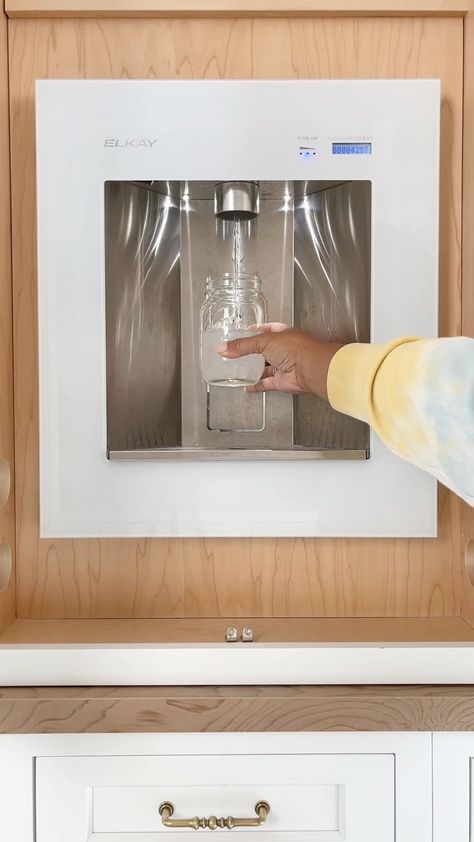 Built In Water And Ice Dispenser, Elkay Built In Water Dispenser, Nugget Ice Maker Built In, Ice Maker In Kitchen Built Ins, Built In Water Dispenser Cabinet, Hidden Water Dispenser, Kitchen Built Ins, Fancy Water, Glass Fridge