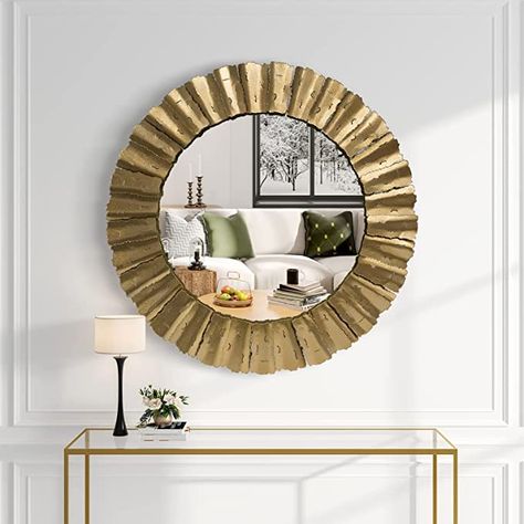 (paid link) Gold Mirror, Handcrafted Round Wall Mirrors Decorative Modern Wall-Mounted Mirrors for Living Room, Entryway, Foyer, Hallway, Bedroom, 32IN Large Wall Mirror Mirrors For Living Room, Round Wall Mirrors, Round Living Room, Mirror Dining Room, Foyer Hallway, Modern Wall Mirror, Gold Bedroom, Large Wall Mirror, Hallway Bedroom