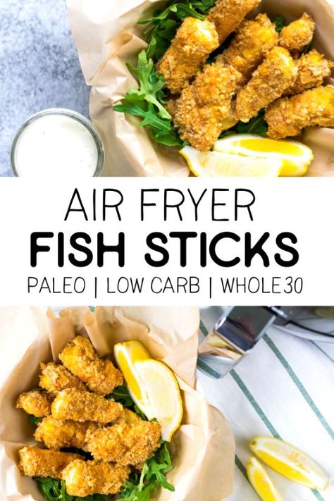 This recipe for air fryer fish sticks is the perfect easy dinner or snack! It's paleo, low carb and gluten-free so you don't have to sacrifice health for taste! #airfryer #airfryerrecipes #paleorecipes How To Eat Fish When You Dont Like It, Gluten Free Fish Batter Air Fryer, Air Fryer Cod Recipes Gluten Free, Keto Cod Fish Recipes Air Fryer, Whole 30 Air Fryer Recipes, Whole 30 Fish, Paleo Fried Fish, Keto Fish Sticks, Gluten Free Fish Sticks