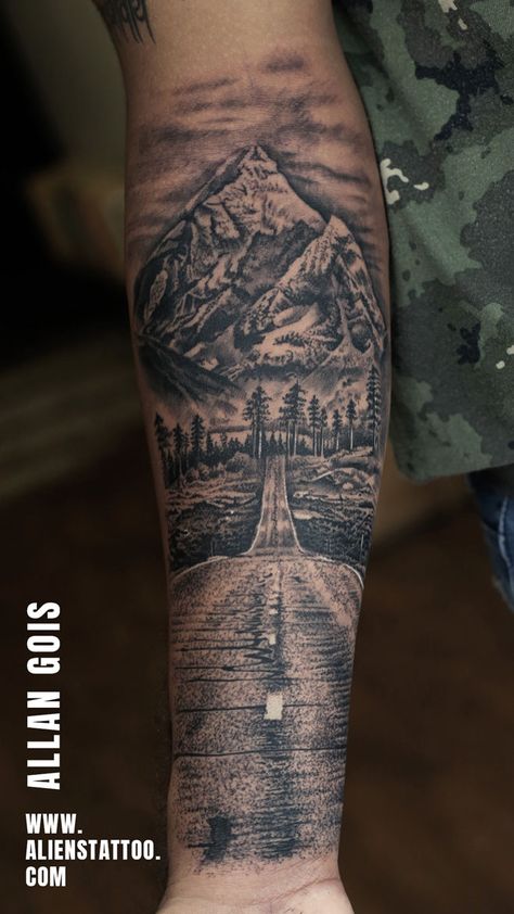 Mountain Sleeve Tattoo, Trucker Tattoo, Road Tattoo, Natur Tattoo Arm, Aliens Tattoo, Travel Tattoo Ideas, Nature Tattoo Sleeve, Tattoo Themes, Biker Tattoos