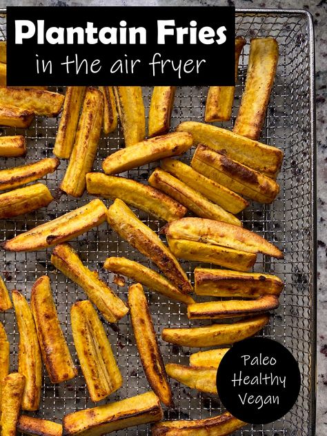 These easy garlic plantain fries are made in the air fryer. These baked plantains are crisp on the outside and soft in the center. They are seasoned with salt & garlic. #plantains #plantainfries #paleo Plantain Fries Air Fryer, Air Fry Plantains, Plantain Air Fryer, Air Fryer Plantain Chips, Plantain Recipes Air Fryer, Gourmia Recipes, Plantains Air Fryer, Air Fryer Plantains, Plantain Fries