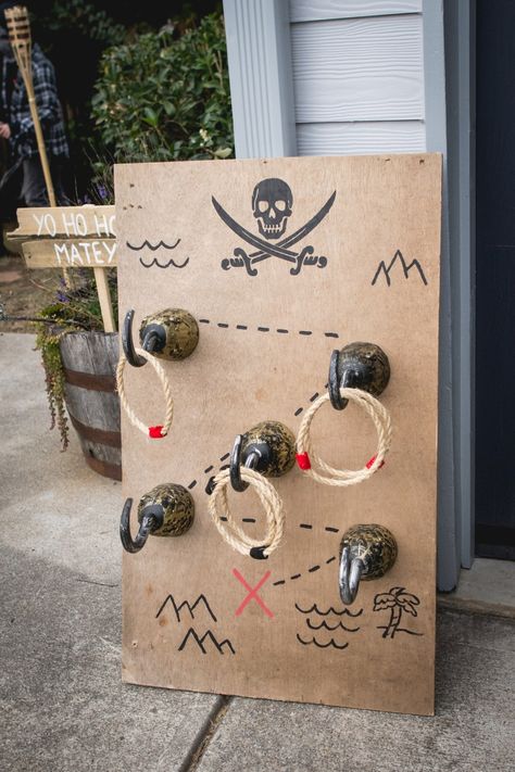 Pirate Ring Toss, Goonies Birthday Party, Backyard Fun Ideas, Pirate Games For Kids, Goonies Birthday, Goonies Party, Pirate Halloween Decorations, Pirate Party Games, Fun Ideas For Kids