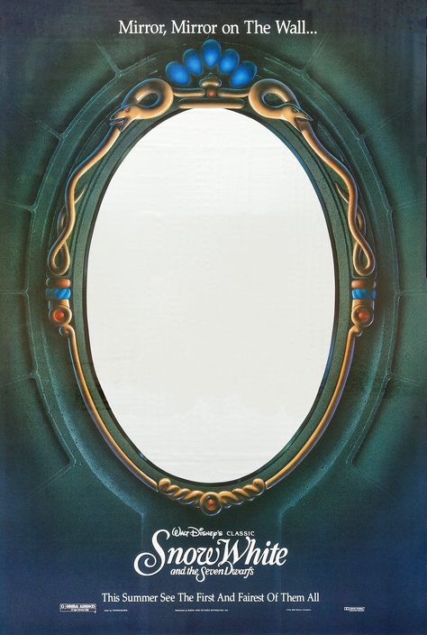 "Mirror Mirror On The Wall": Reflective mylar one sheet movie poster (27"x40") for 1993 re-release of "Snow White." Fun(nish)! [2691x4000] Disney Magic Mirror, Mirror On The Wall Snow White, Snow White Mirror Template, Mirror Mirror On The Wall Snow White, Mirror Poster Design, Magic Mirror Art, Disney Snow White Wallpaper, Magic Mirror Snow White, Wallpaper Snow White