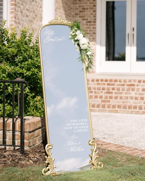 Hello, Beautiful!!! 🤍 . . A quick glimpse at this unforgettable welcome sign/selfie mirror we made for Aileen and Matthew's wedding a few weeks ago at the gorgeous venue @colletonriver 🤍🤩 . . . #weddingmirror #weddingmirrors #weddingmirrorsign #weddingselfies #WeddingSelfieMirror #weddingsignage #weddinginspo #weddinginspiration #wedding #weddinginspo #weddingideas #weddingdress #weddinglehenga #weddingplanning #weddingphotography #weddinginspiration #weddingphotographer #etsy #etsyshop #etsy... Mirror Wedding Signs, Mirror Wedding, Wedding Mirror, Wedding Ceremony Signs, Elegant Wedding Venues, Selfie Mirror, Mirror Sign, Ceremony Signs, Entrance Sign