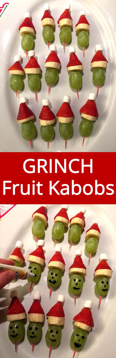 Hahaha I'm definitely making these for Christmas! So cute! | MelanieCooks.com Grinch Fruit, Grinch Fruit Kabobs, Grinch Kabobs, Fruit Kabobs Kids, Fruit Kabob, Christmas Party Snacks, Fruit Ideas, Fruit Appetizers, Easy Snacks For Kids