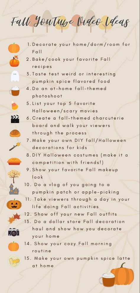 How To Youtube Video Ideas, Fall Content Ideas For Youtube, Halloween Youtube Video Ideas, Youtube Video Ideas 2022, Things To Bake In Autumn, Fall Video Ideas Youtube, Influencer Video Ideas, Good Youtube Video Ideas, Youtube First Video Ideas