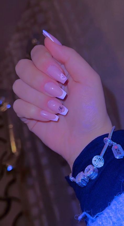 French Tip Nails W Initial, White Nails With Glitter And Initial, Nails Acrylic C Initial, Nail Inspo Coffin Short French Tip, H Initial On Nails, French Tip Nails With M Initial, French Tip Nail With Initial, Boyfriend Initial Nails Almond, French Nails With Initials Short