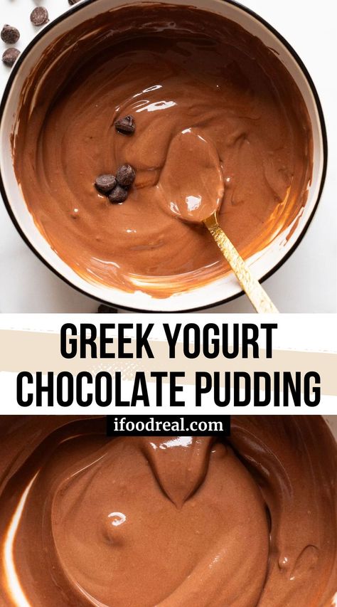 Greek Yogurt Chocolate Pudding is so rich and creamy, it’ll blow your mind! It’s also made with just 3 ingredients and contains 12 grams of protein. Get excited! Chocolate Pudding Greek Yogurt, Greek Yogurt With Chocolate Chips, Pudding And Yogurt Recipes, Greek Yogurt Instant Pudding, What To Add To Greek Yogurt, Greek Yogurt Cocoa Powder Dessert, Plain Greek Yogurt Recipes Healthy, Keto Greek Yogurt Recipes, Recipes With Plain Greek Yogurt