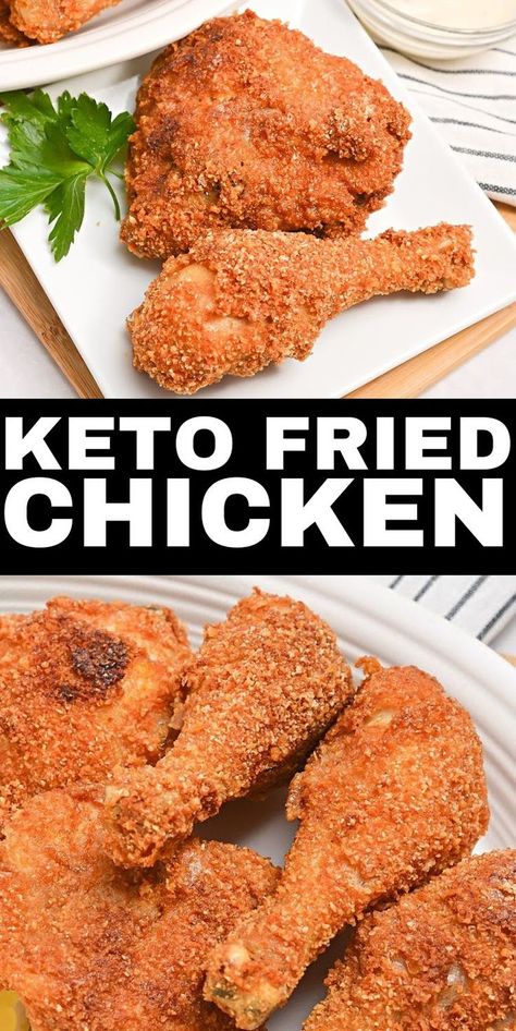 Keto Fried Chicken - Crispy, crunchy, juicy – everyone loves this keto fried chicken recipe! Make it for your next family meal and enjoy this comfort food. #keto #Ketorecipes #Ketodiet #Ketofried chicken #friedchicken #glutenfree #chicken #friedchicken #chickenrecipes #dinnerideas #food #recipes Oven Fried Chicken Legs, Low Carb Fried Chicken, Fried Chicken Batter, Fried Chicken Drumsticks, Baked Fried Chicken, Fried Chicken Legs, Keto Fried Chicken, Keto Crockpot, Chicken Leg Recipes