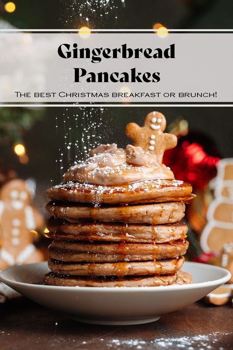 These Gingerbread Pancakes are the best sweet breakfast or brunch for the holiday season! They're full of warming gingerbread spices, they're soft, fluffy, and so easy to make! The batter is easy to double and the pancakes are freezer-friendly! Serve them at your Christmas Day brunch and add some homemade gingerbread syrup if you're feeling extra fancy! Your family will love these! Vegan Gingerbread Pancakes, Gluten Free Gingerbread Pancakes, Gingerbread Breakfast Recipes, Ginger Bread Pancakes, New Years Pancakes, Christmas Pancakes Recipes, Pancakes Fancy, Flavoured Pancakes, Winter Pancakes