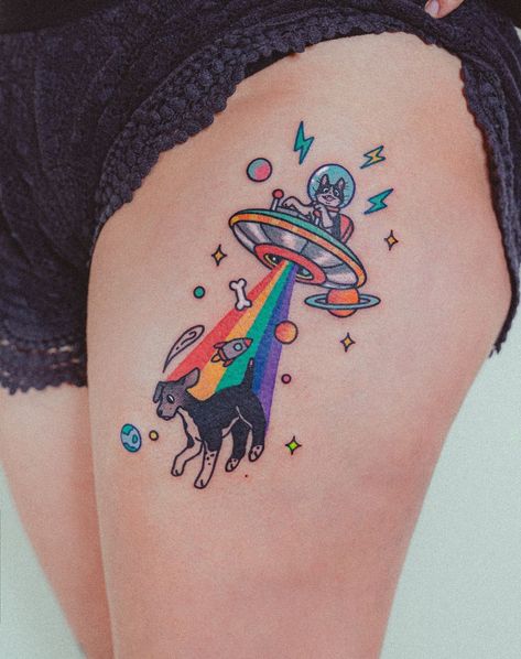 Alien Dog Tattoo, Grime Tattoo, Outer Space Tattoos, Tattoo Japan, Tattoos Creative, Ufo Tattoo, Uv Tattoo, Sunset Tattoos, Cute Tats