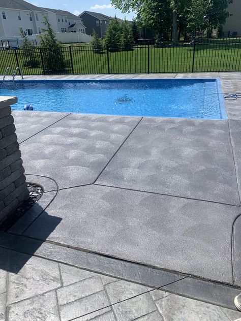 Gray Concrete Stain, Deck Stain And Sealer, Pool Decking Concrete, Pool Concrete, Deck Staining, Concrete Stain Colors, Concrete Pool Deck, Gold Concrete, Concrete Stain