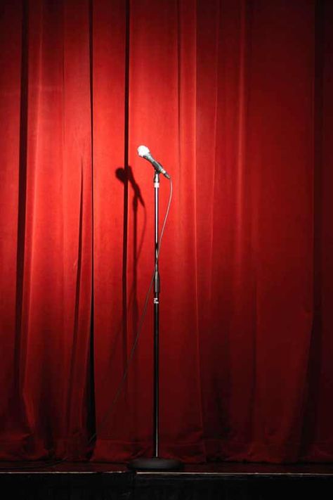 yes Microphone On Stage, Content Moodboard, Stage Curtains, Video Project, Stage Set Design, Theatre Stage, Comedy Club, Jazz Club, Red Curtains