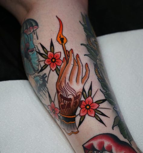 Tattoo Of A Hand Traditional, Traditional Tattoo Of A Hand, Candlestick Tattoo Traditional, Neo Traditional Hand Drawing, Burning Bridges Tattoo, Mr Burns Tattoo, Neotrad Hand Tattoo, Hand Holding Lantern Tattoo, Hand Holding Match Tattoo