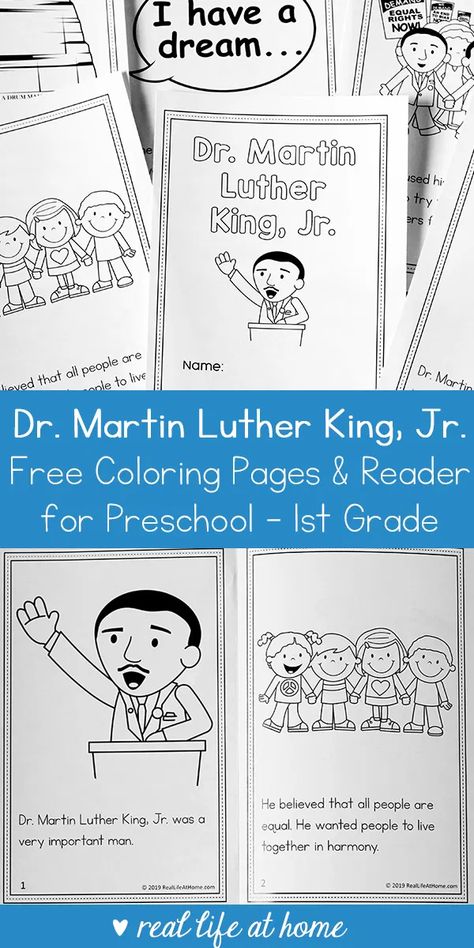 Dr. Martin Luther King Jr. Coloring Book and Reader Printable for Preschool - 1st Grade #MLK #MartinLutherKing #MLKPrintables #EasyReaders Mlk Activities For Kids 4th Grade, Martin Luther King Jr Unit Study, Martin Luther King Jr Activities 3rd, Mlk Preschool, Martin Luther King Books, Martin Luther King Jr Crafts, Mlk Crafts, Martin Luther King Activities, Mlk Activities