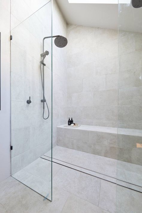 the block 2023 master ensuite steph and gian shower zone with seat The Block 2023, Bathroom Seat, Full Bathroom Remodel, Small Bathroom Renovations, Contemporary Shower, Master Ensuite, Shower Seat, Bathroom Design Inspiration, Shower Seats