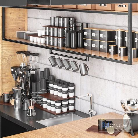 coffee shop 01 3d model Buy Download 3dbrute Cafe Equipment Coffee Shop, Coffee Shop Equipment Layout, Coffee Shop Shelving, Coffee Shop Organization, Coffee Shop Counter Layout, Coffee Shop Shelves, Cafe Shelves, Marzocco Espresso Machine, Cafe Shelf