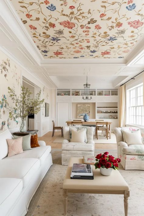 38 Ceiling Ideas: Best Designs with Tiles, Tin, Paint, Wood and Drop Options Wallpaper For Ceiling Design, Short Ceiling Ideas, Ceiling Wallpaper Ideas Living Room, Victorian Ceiling Design, Refurbishment Architecture, Victorian Ceiling, Ceiling Classic, Vaulted Ceiling Living Room, Wallpaper Ceiling