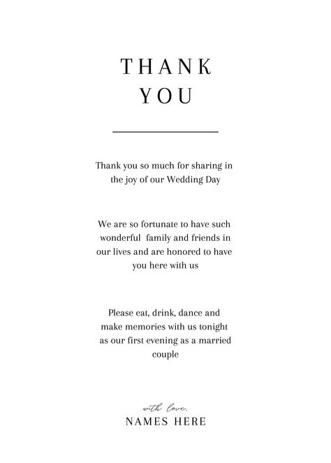 Thank You Letter Template for wedding guest dinner table - place cards. Instead of a dinner menu, get personal with a thank you letter on each guests' dinner plate. Minimal and modern, this thank you letter is a great way to thank your guests for coming to celebrate your marriage!  Instant Digital Download, you can print immediately, tie a bow around it and elevate your reception space.  Available in one size. Thank You To Wedding Guests, Wedding Thank You Letter To Guests, Thanking Family For Support, Letter To Wedding Guests, Thank You For Wedding Guests, Thank You Note For Wedding Guests, Thank You For Coming To Our Wedding, Thank You Note Wedding Table, Wedding Thank You Notes On Table